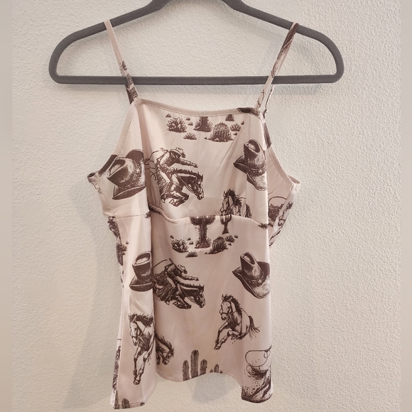 Lucky & Blessed NWT Satin Western Dessert Days Satin Top Cream and Brown - Picture 2 of 5
